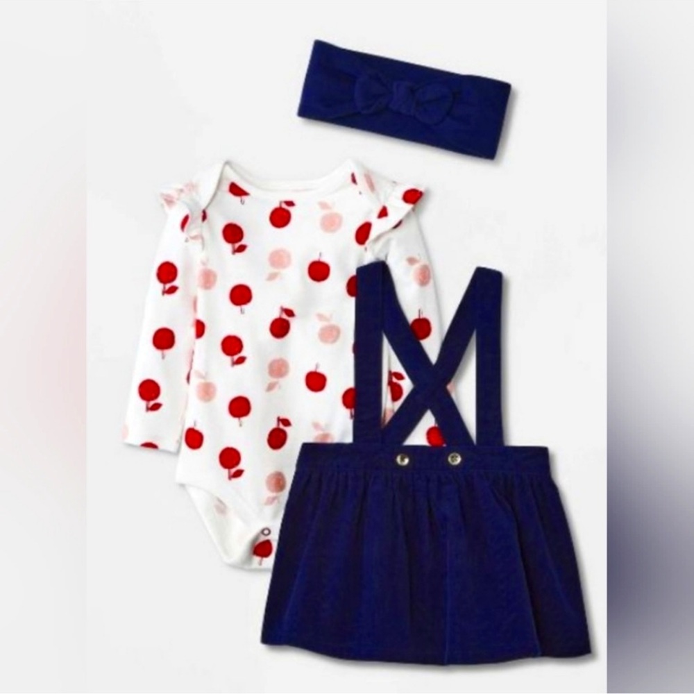Cat & Jack Apple Bodysuit Blue Corduroy Jumper Skirt & Matching Headband